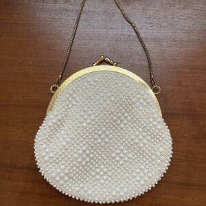 Vintage Cream Beaded Pearl-Style Evening Clutch with Gold Frame